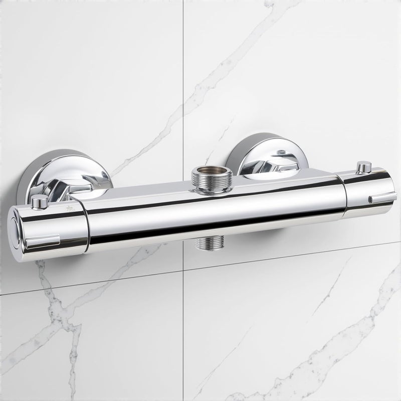 Bateria natryskowa termostatyczna z przyciskiem bezpieczeństwa 38°C, dwa otwory, zawór termostatyczny mosiężny, góra G3/4" + dół G1/2"