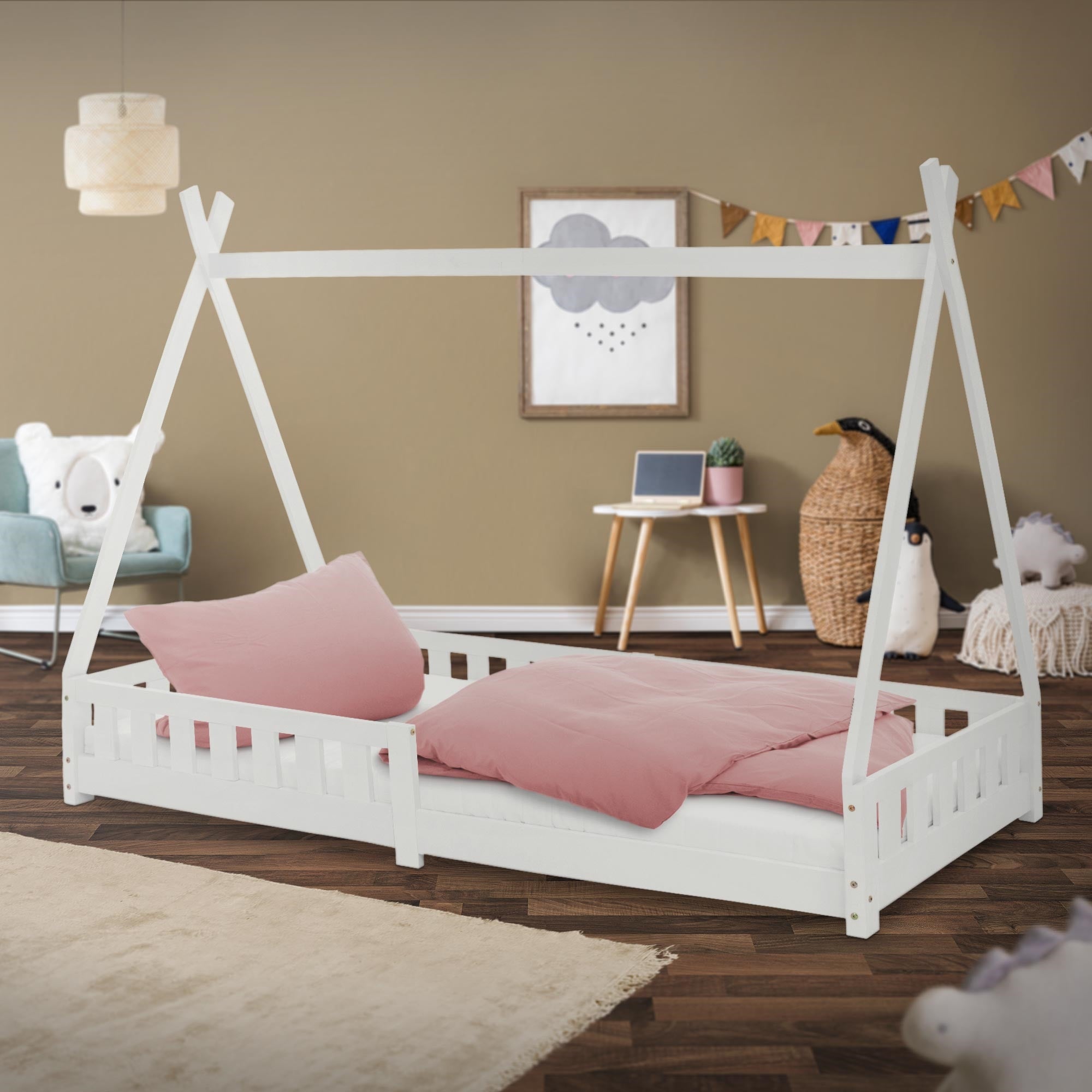 ML-Design łóżeczko tipi 90x200 cm biały z materacem H:16cm i zabezpieczeniem rama z listew lite drewno sosnowe łóżko w stylu indyjskim dla dzieci