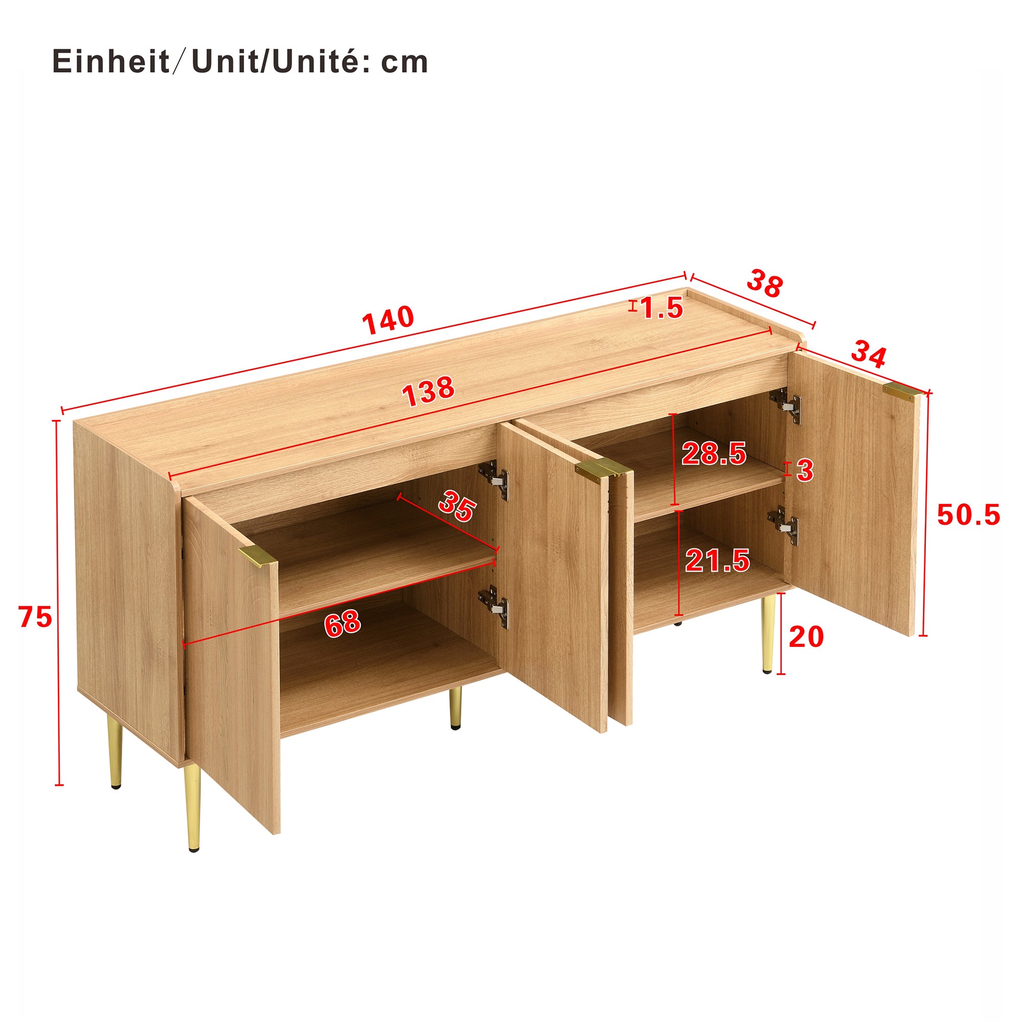 Nowoczesny buffet 140x38x75 cm - 4 fronty - wygląd drewna - Nogi metalowe - MDF - Kolor naturalny - 5