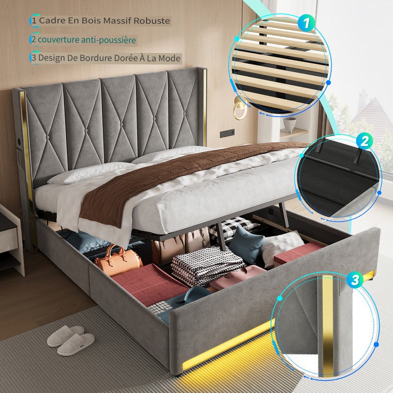 Lit 180x200 avec ports USB et éclairage LED,Lit double rembourré avec poches latérales,Lit coffre hydraulique,tissu velours,Gris foncé (Sans matelas) - 7