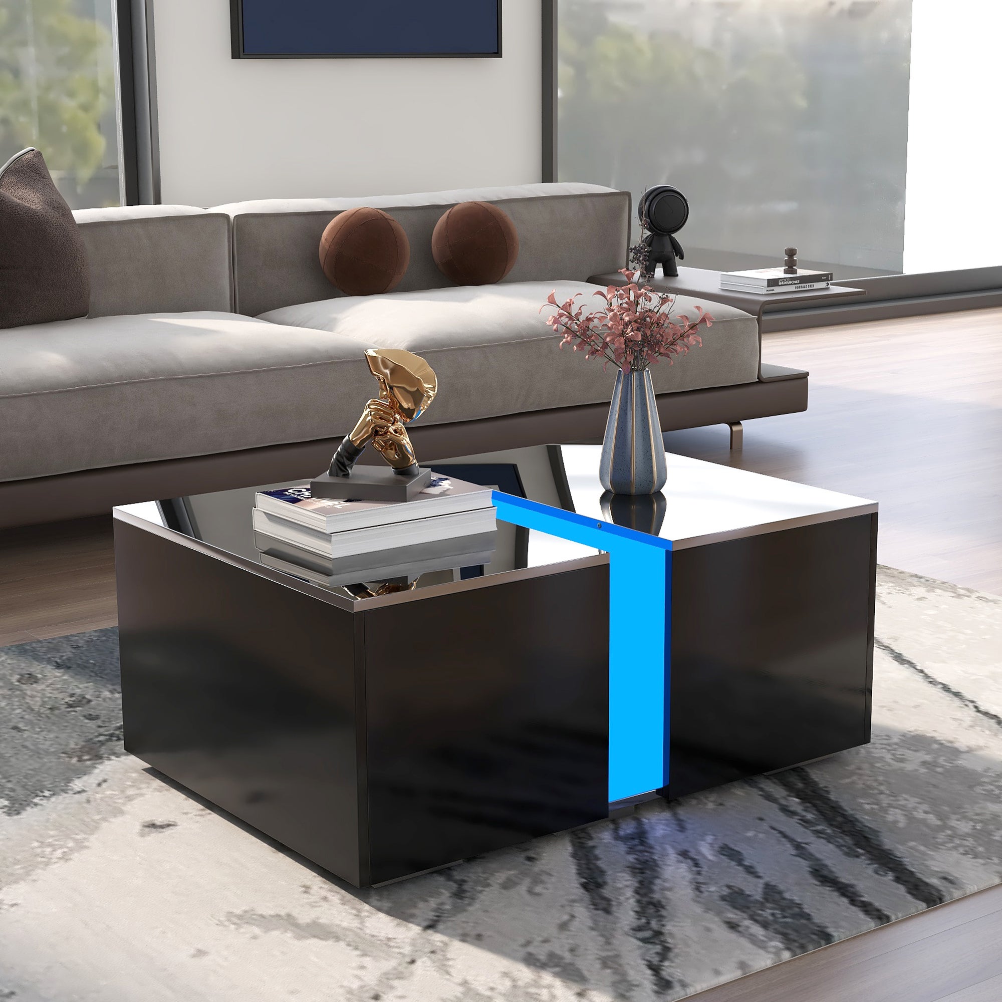 Tavolino Da Salotto LED Con App Bluetooth, Acrilico Nero, 100x50x42 Cm Con Cassetti E Scaffale