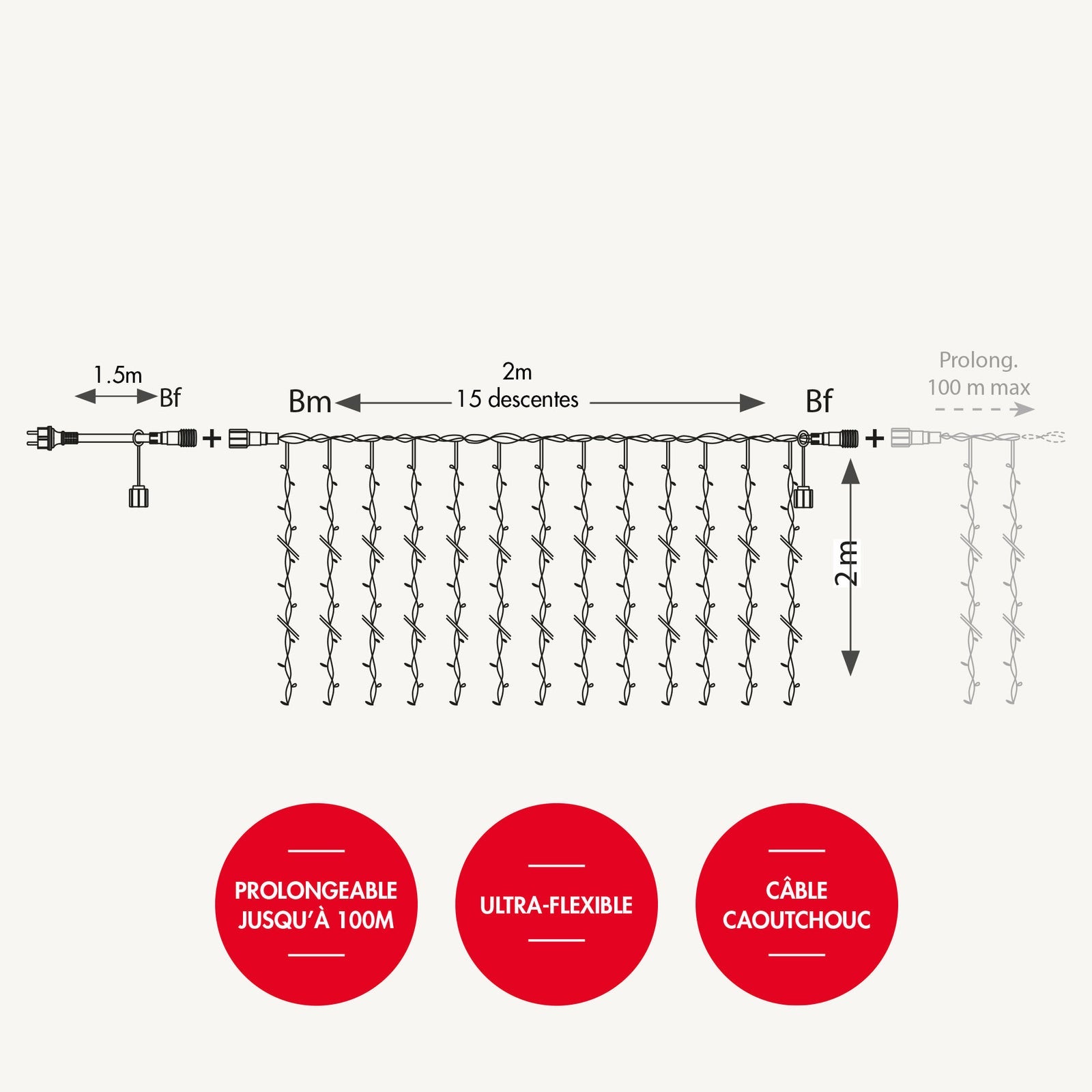 Rideau lumineux blanc chaud L2xH2m 105 LED prolongeable int/ext - 4