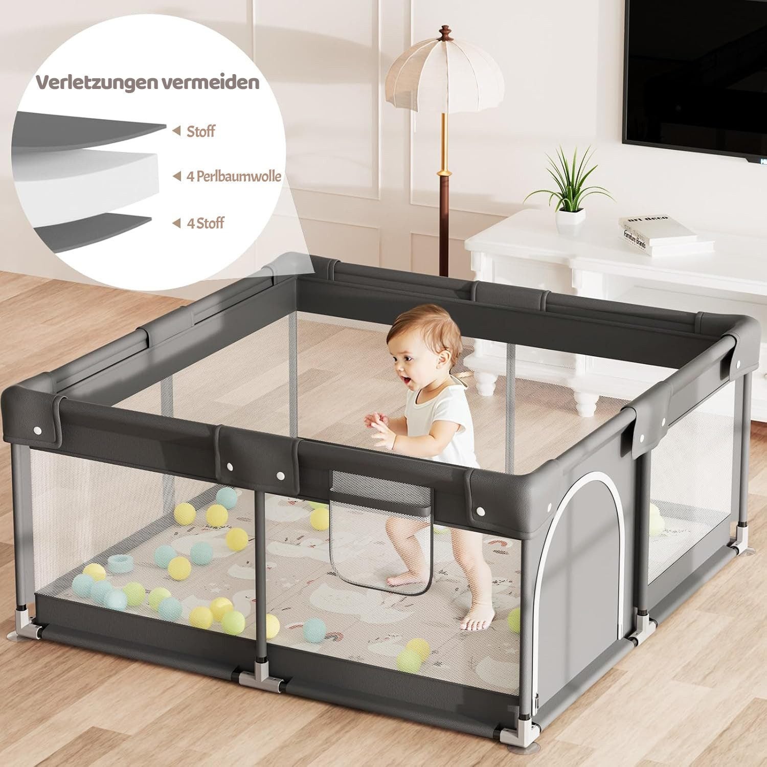 Parc pour bébé, 120 x 120 cm, barrière de sécurité avec filet, idéal pour une utilisation en intérieur, grand parc - 2