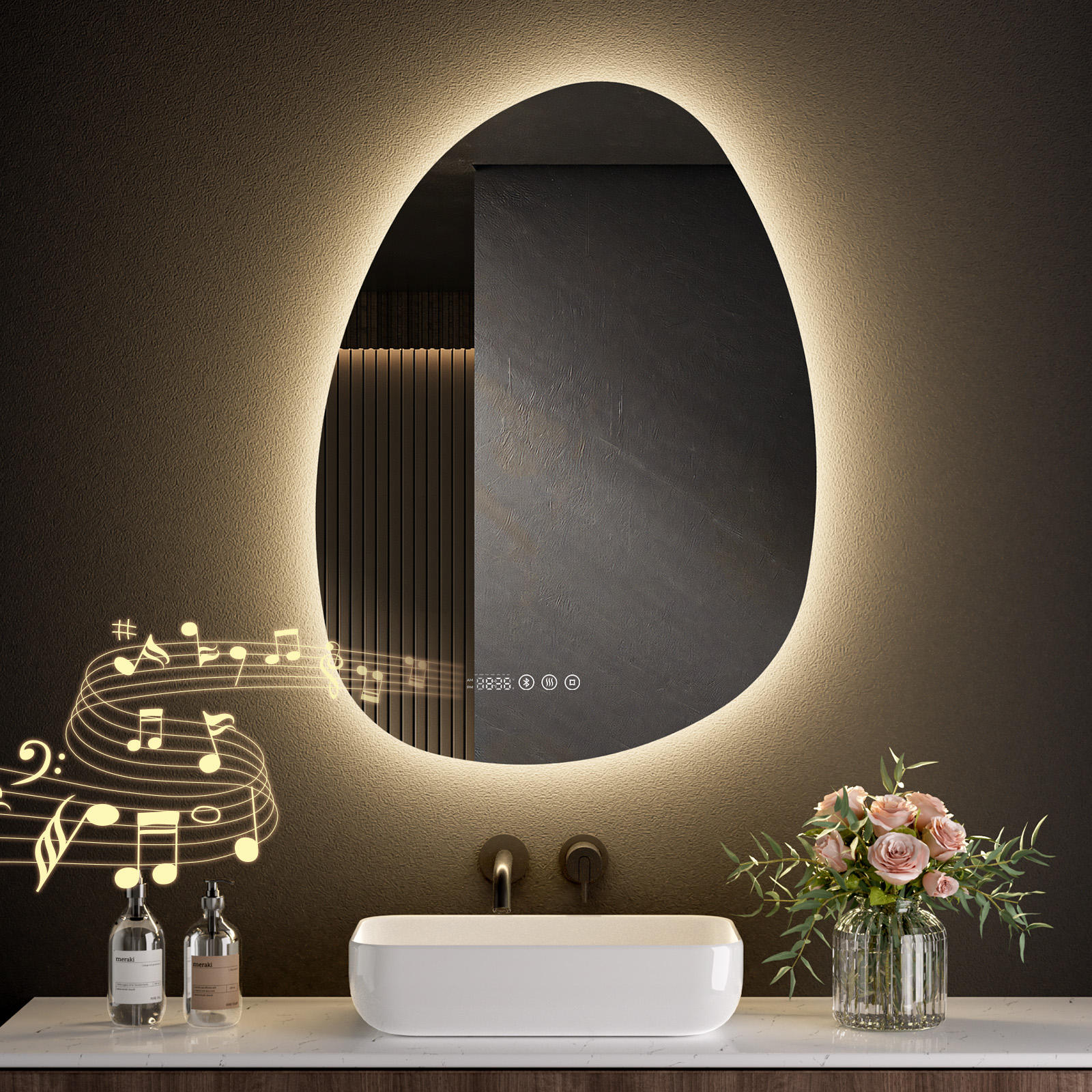 Lustro łazienkowe LED asymetryczne 55 × 75 cm – 3 kolory światła, przeciwmgielne, Bluetooth, zegar - S'AFIELINA