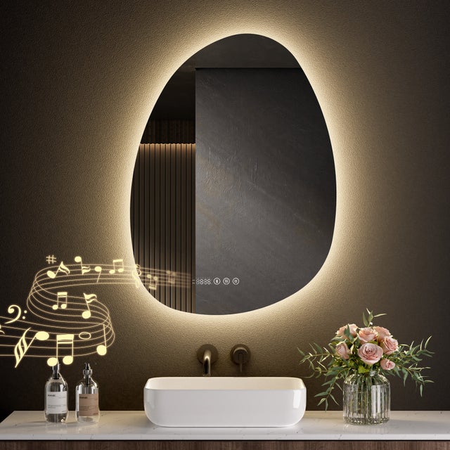 Lustro łazienkowe LED asymetryczne 55 × 75 cm – 3 kolory światła, przeciwmgielne, Bluetooth, zegar - S'AFIELINA