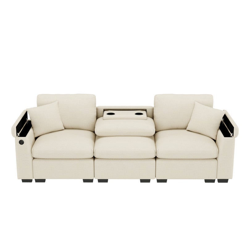 Canapé 3 places moderne - avec coussins et table pliante - comprend des ports USB et un porte-gobelet - beige - 5