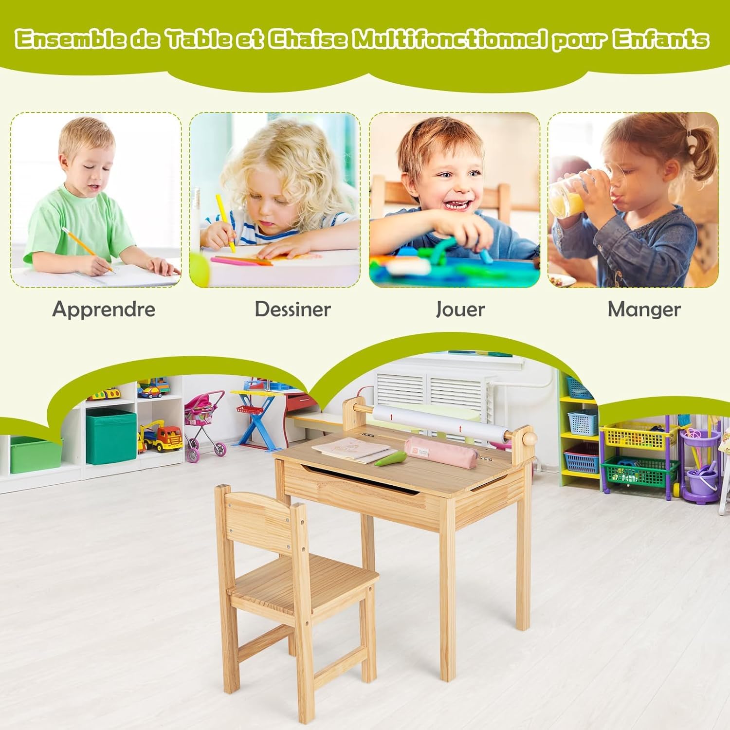 Table Enfant avec Chaise, Table a Dessin Enfant avec Rouleau du Papier, Bureau d’Écriture en Bois, Table Polyvalente pour Enfant 3+ Ans, (Naturel) - 4