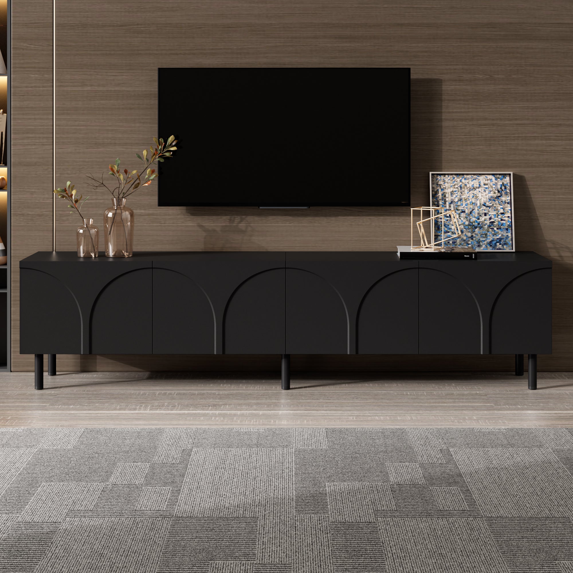 Stojak pod telewizor z 4 drzwiami o trójwymiarowych zakrzywionych liniach – 180 x 35 x 49 cm – Płyta wiórowa i MDF – Nogi metalowe – Czarny - 7