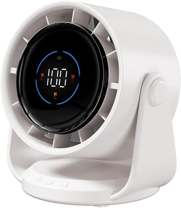 Wentylator zasilany baterią 5000mAh, wyświetlacz LED, od 1 do 199 prędkości i głowica obracająca się o 105°, kremowobiały