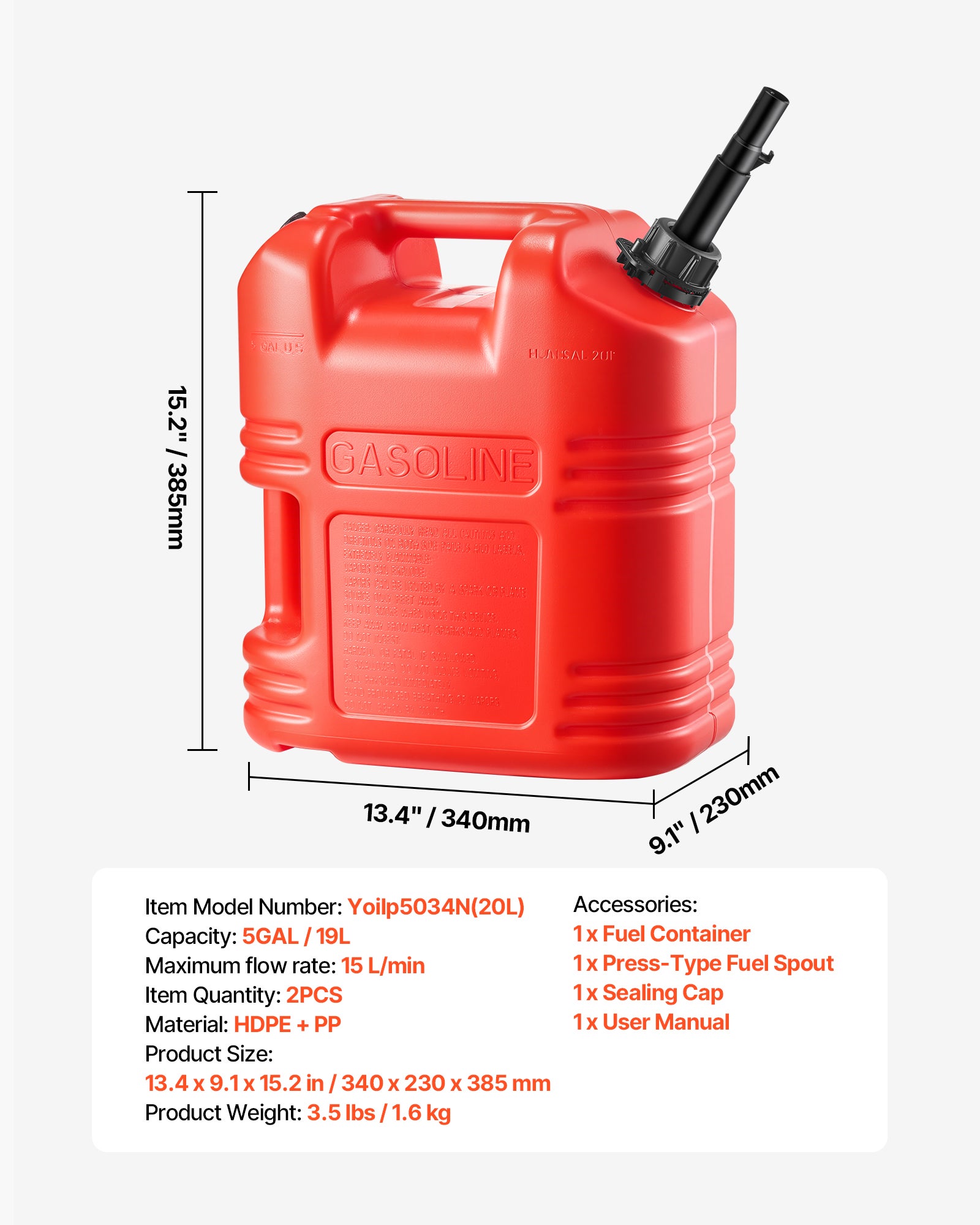 Depósito combustível para gasolina VEVOR 19L, pacote 2, com bocal despejo, caudal máximo 15L/min, para a maioria dos automóveis, motociclos, vermelho - 7