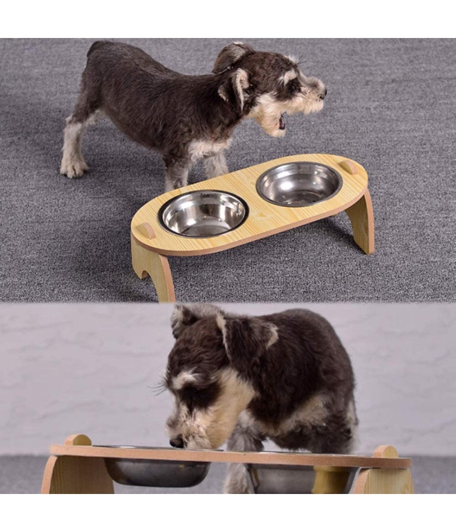 Trade Shop - Ciotola Doppia Rialzata Per Cani Gatti Con Base In Legno Per Animali Domestici - - 5