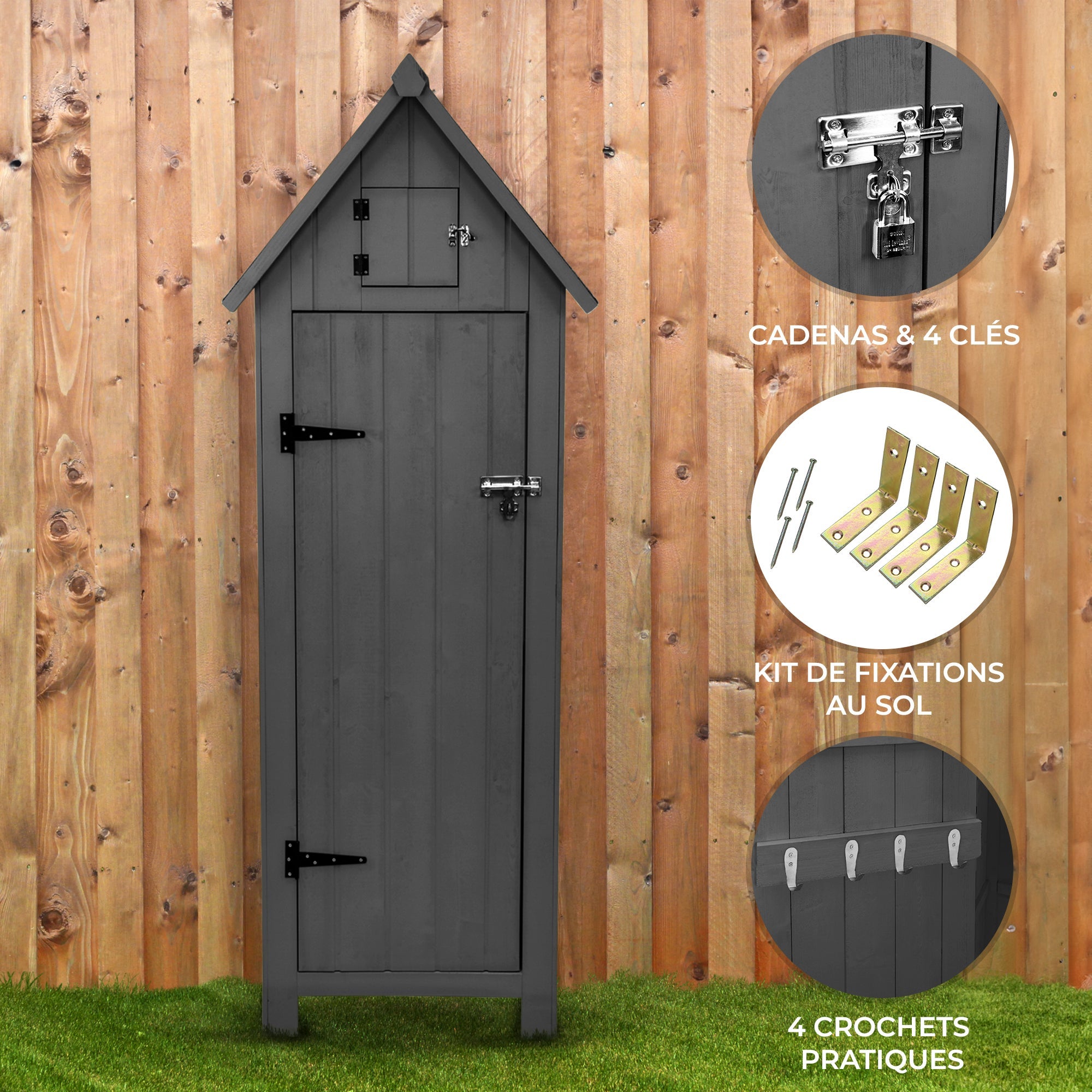 Abri De Jardin En Bois Gris 66x46x178 Cm - Toit Asphalte Imperméable - 3 étagères Incluses - Idéal Rangement Outils Extérieur