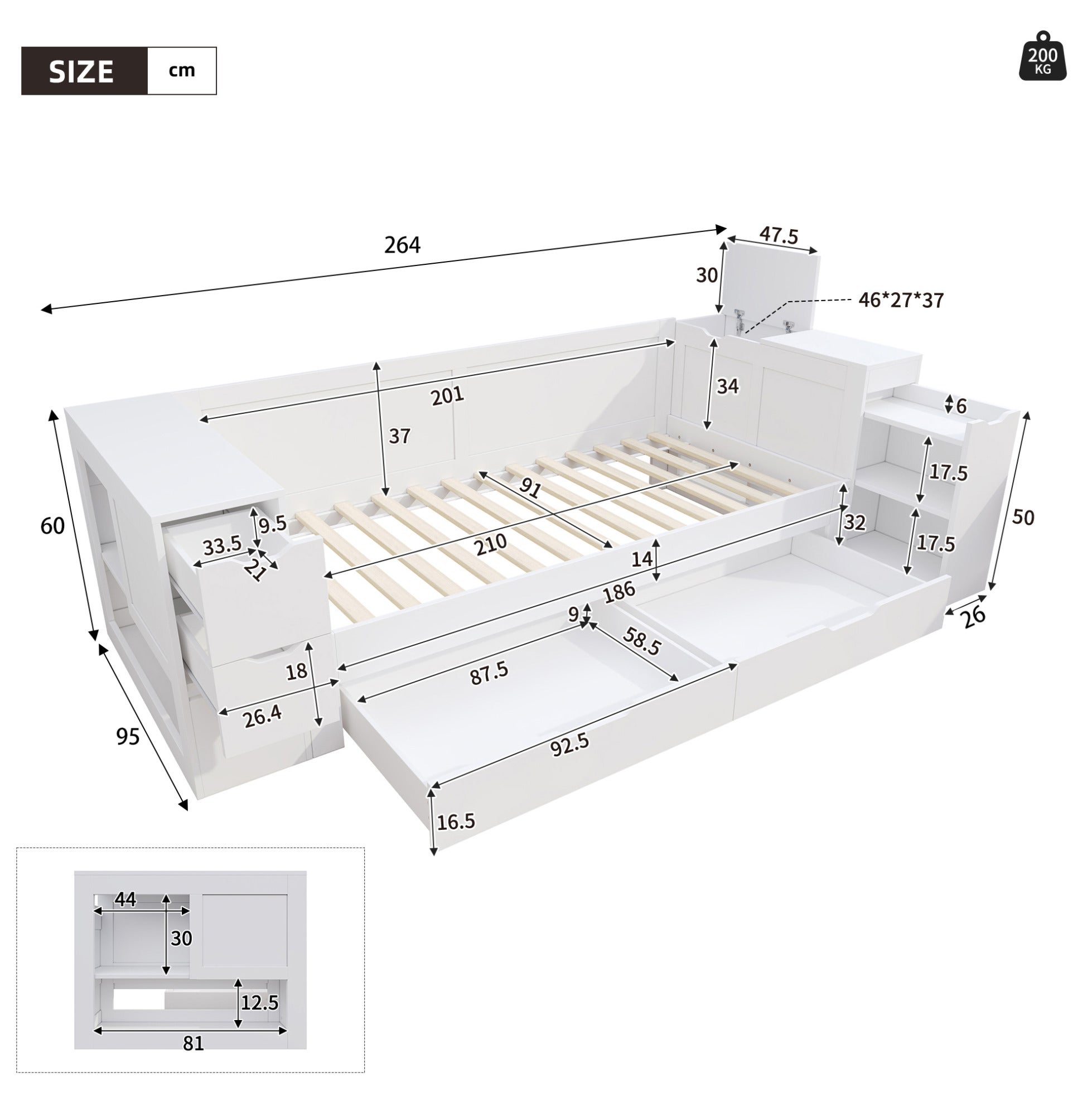Cama diván infantil 90 × 200 cm con cajones, almacenaje y mesita, sin ...