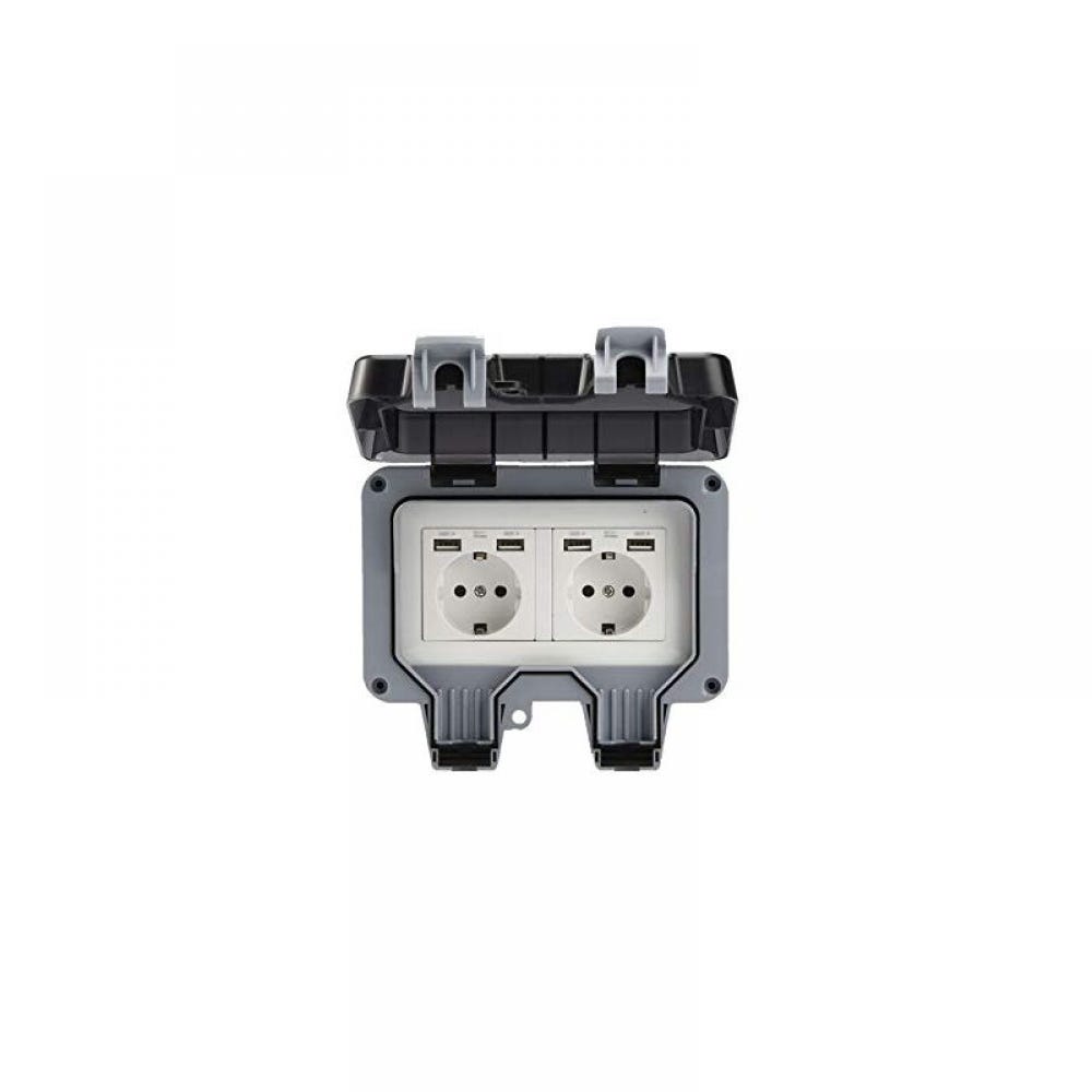 Presa Elettrica Doppia Da Esterno IP66 Con 4 Porte USB - Impermeabile E Resistente Per Giardino, Bagno E Cucina - Alimentazione A Muro Con Protezione