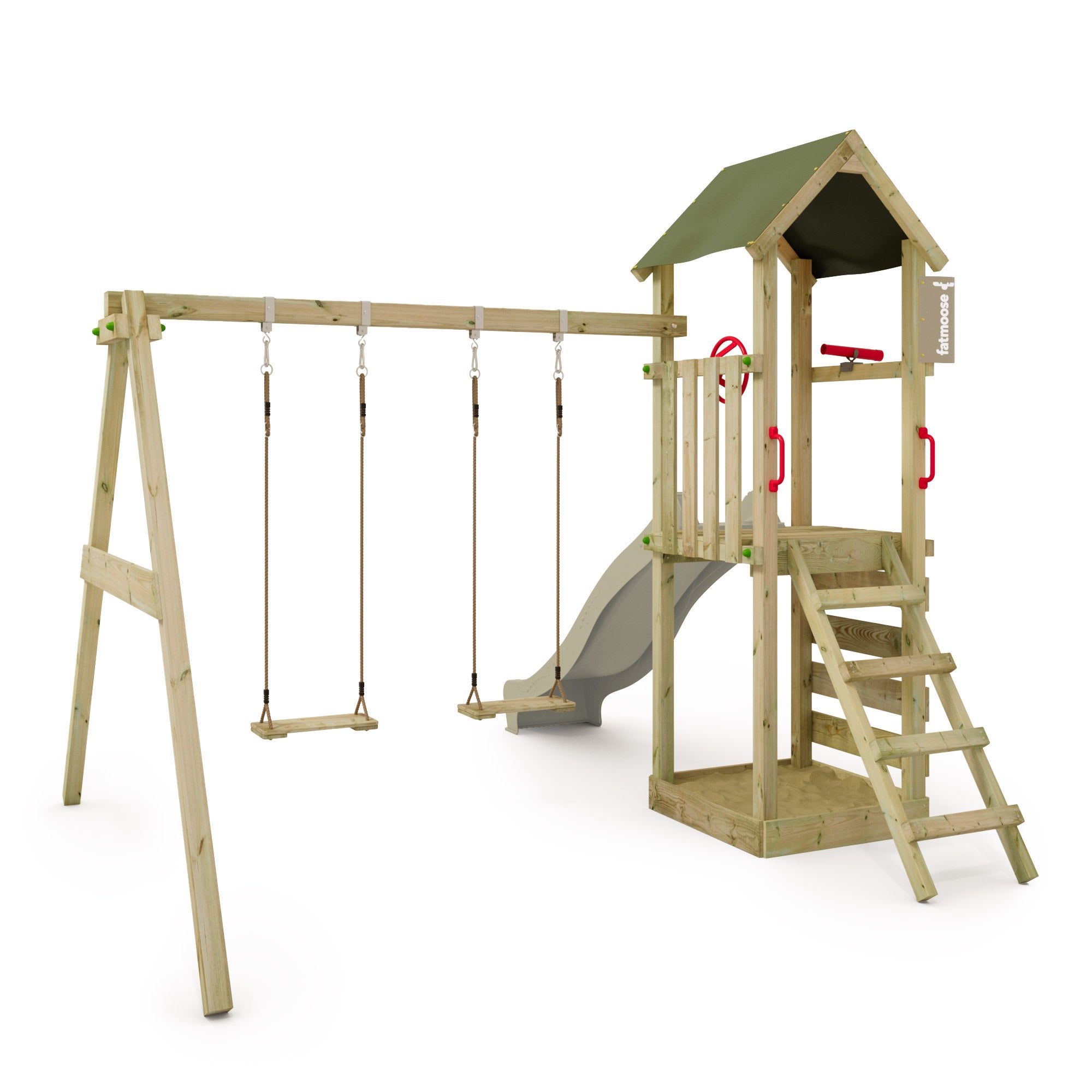 FATMOOSE Aire de jeux Portique bois TreasureTower avec balançoire et toboggan vert sauge Maison