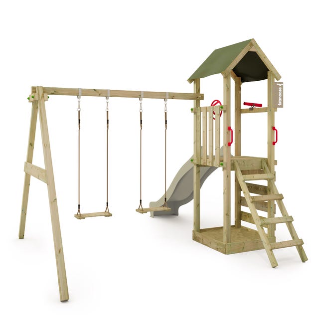 FATMOOSE Aire de jeux Portique bois TreasureTower avec balançoire et toboggan vert sauge Maison FATMOOSE Aire de jeux Portique bois TreasureTower avec balançoire et toboggan vert sauge Maison