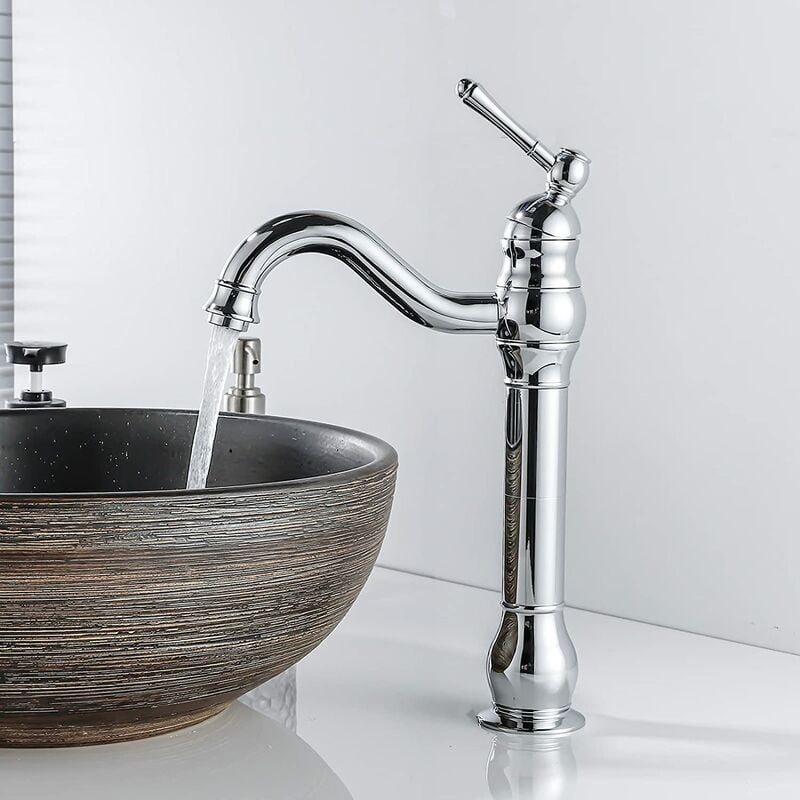 Bateria umywalkowa obrotowa Retro, obrotowa 360°, jednouchwytowa, wysoka wylewka, ciepła i zimna woda, dostępna w kolorze chromu