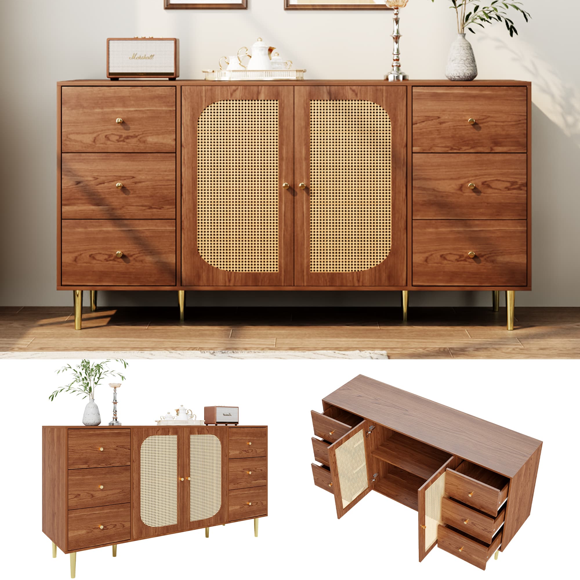 Buffet, buffet en rotin, rangement avec tiroirs, armoire en bois individuelle, cuisine, maison, salon, brun, 160 x 40 x 90 cm - 2