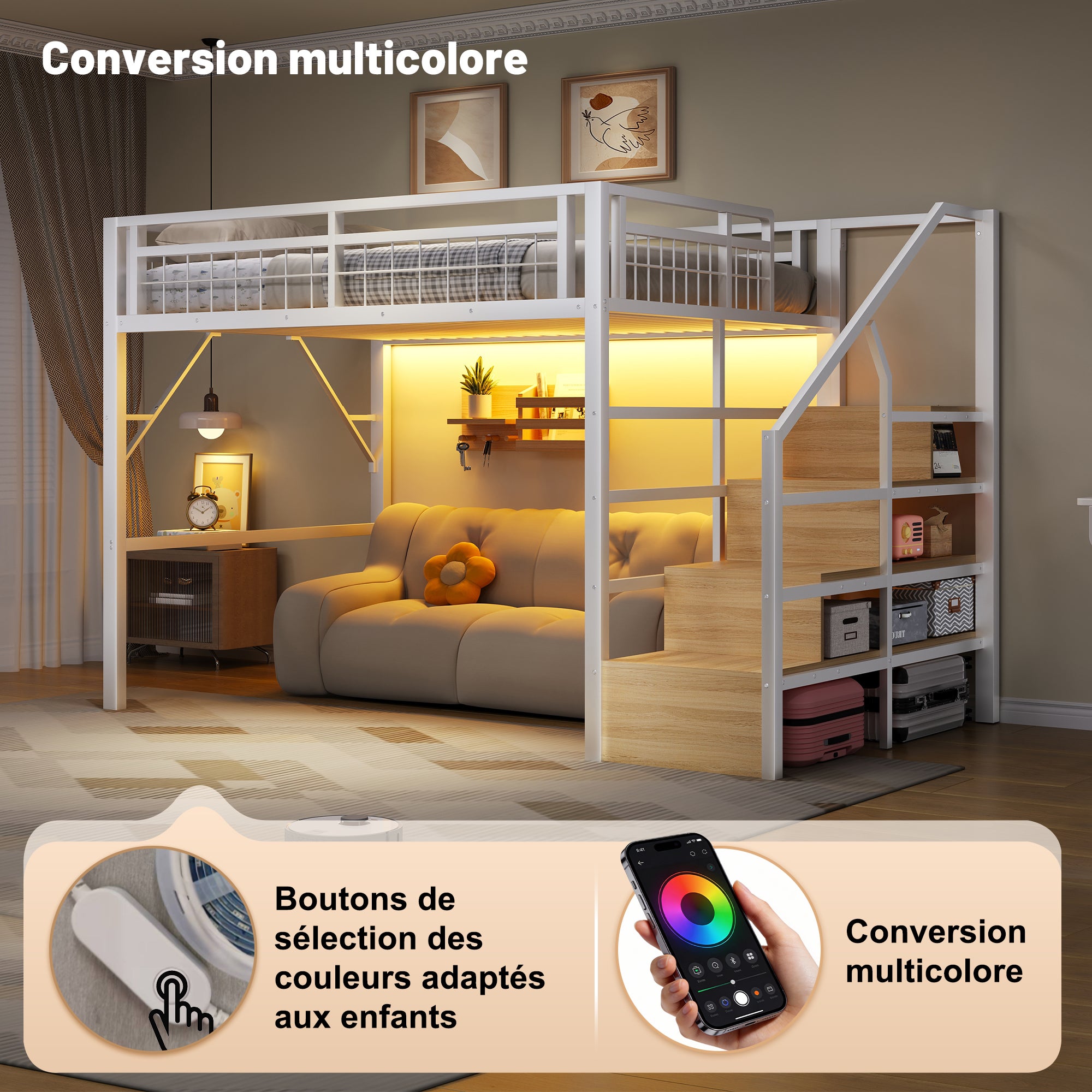 Lit mezzanine 140 x 200 cm avec éclairage LED, escalier avec rangements intégrés, espace libre modulable dessous, structure en métal robuste, blanc - 2