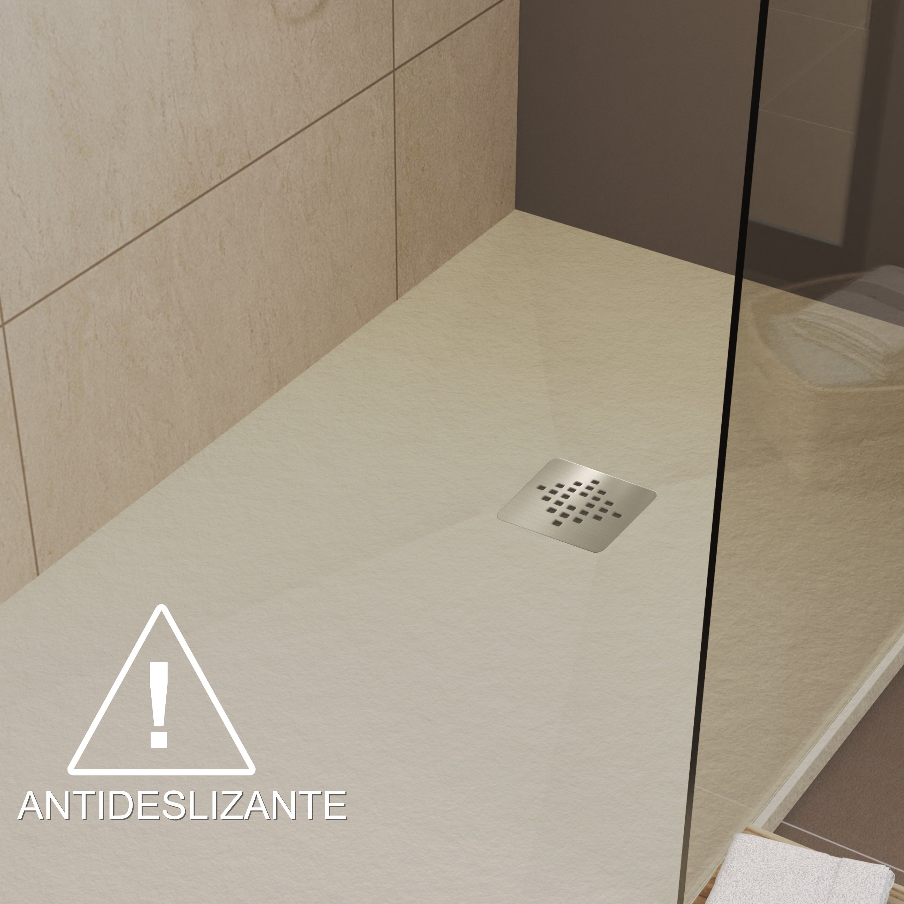 Plato de ducha 70x100 cm de resina Antideslizante C3 | Carga mineral, textura pizarra, crema ral 1013 | Incluye válvula y rejilla - 3