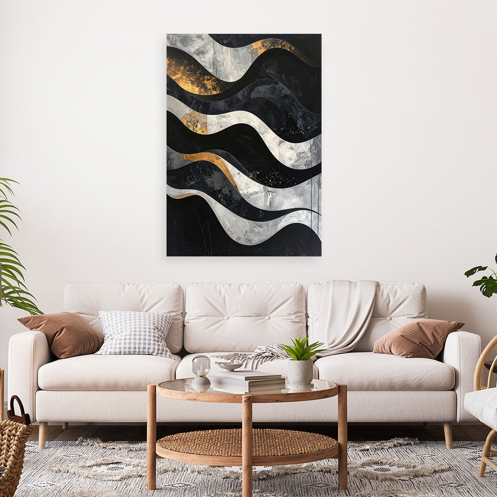 Obraz do salonu loftu biura, Abstrakcja geometryczna złoto czarna w stylu glamour z falami 60x90 - 2