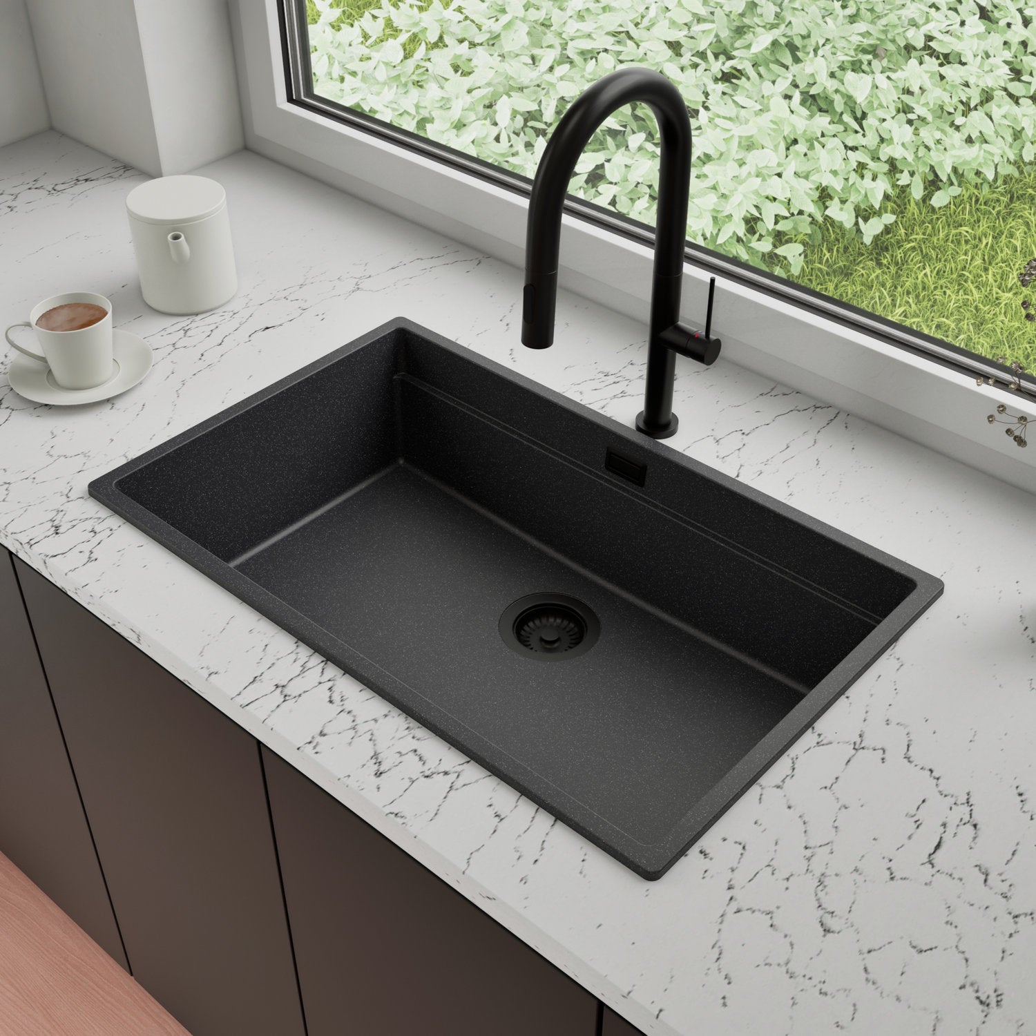 Zlewozmywak Granitowy 76x47cm, do szafki od 80cm + Bateria + Syfon - Coral Grafitowy STONESTYLE