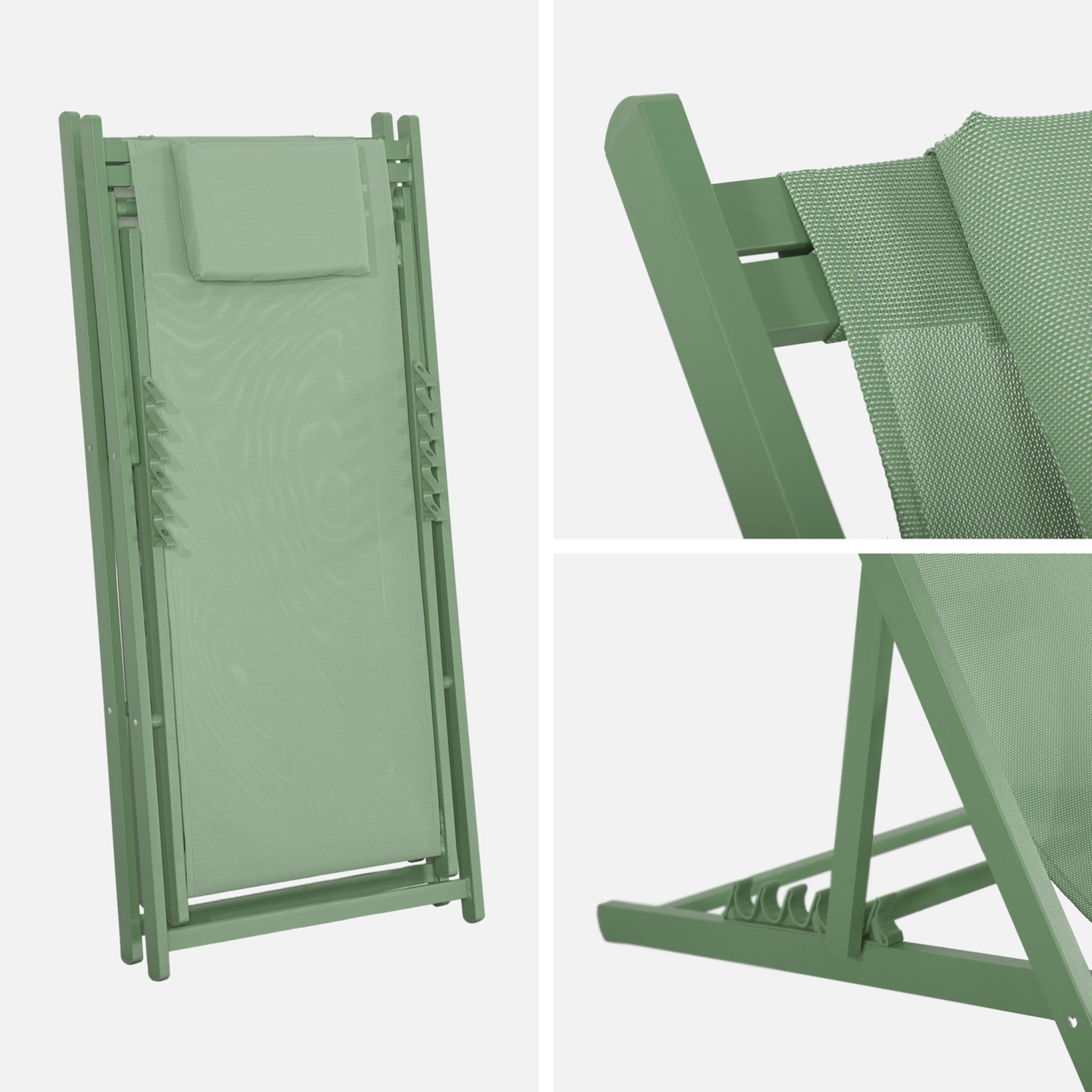 Lot de 2 bains de soleil - Gaia vert - Transat en aluminium gris anthracite et textilene vert avec coussin repose tête. chilienne - 6