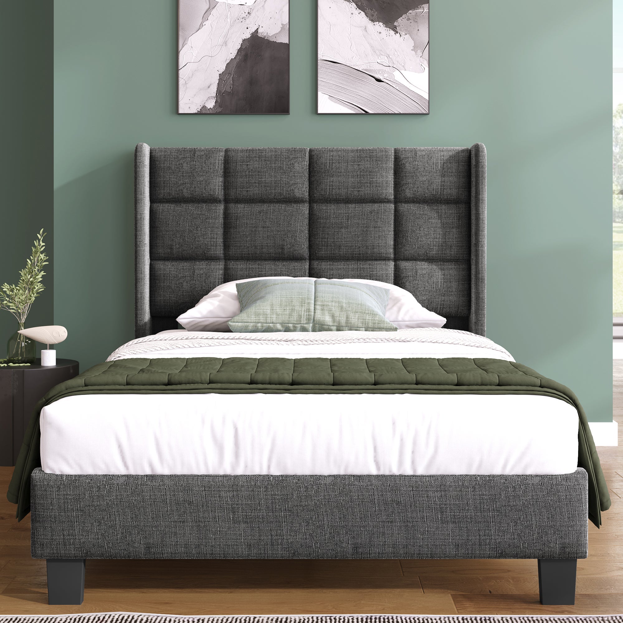 Łóżko tapicerowane z lnu - 90x200cm - z wezgłowiem i stelażem na listwy - Szare - 2