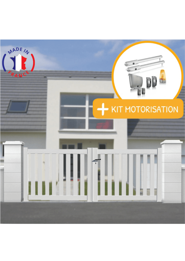 Portail aluminium battant ajouré en kit + Motorisation dimensions L.3000 (entre piliers) X H.1200 mm SGS Essential (vérins) Couleurs Blanc (RAL 9010)
