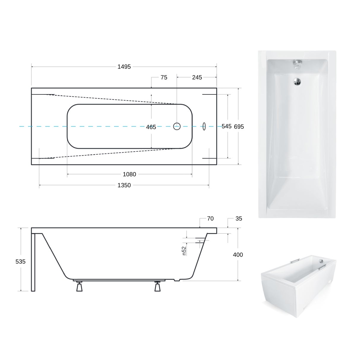 Baignoire rectangulaire de 150 x 70 cm - avec Tablier Blanc et Repose Tête OFFERT - MODERN - 4