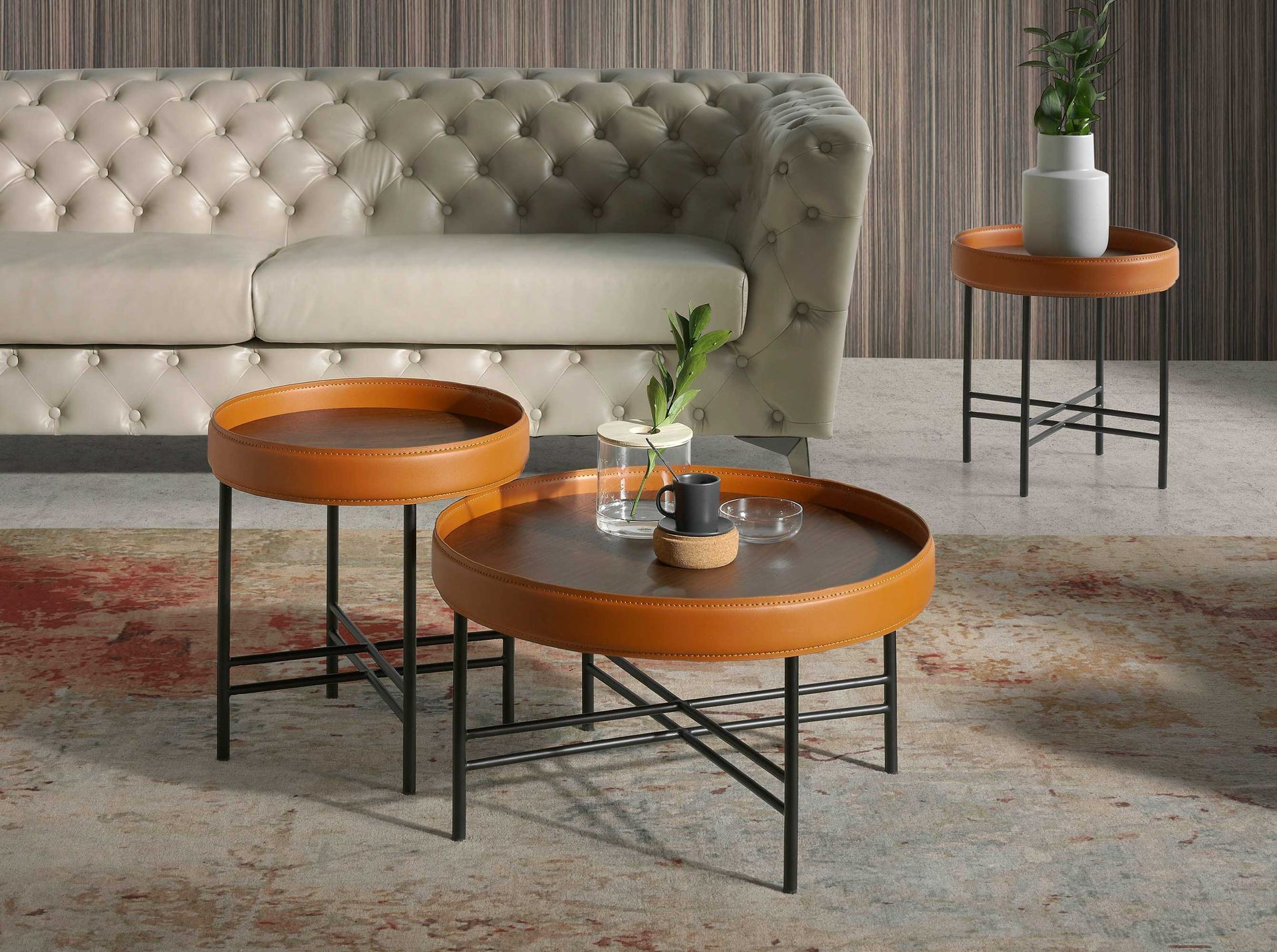 Table basse ronde en simili cuir, noyer et acier noir Ø62 x 35 - 3
