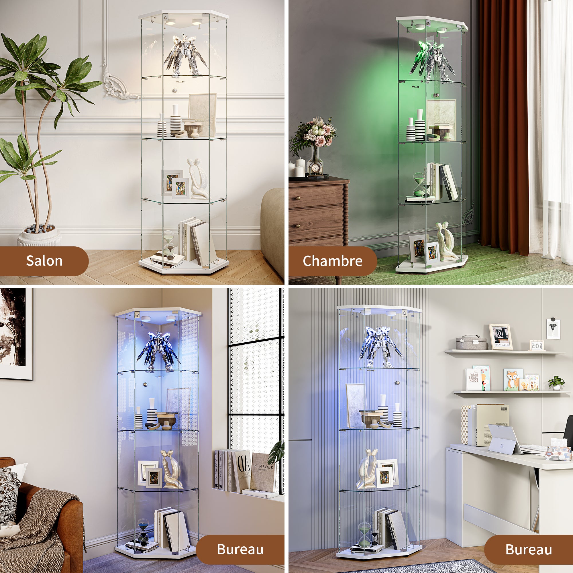 Vitrine en Verre, Vitrine pour collection Transparent en verre 4 Couches avec 1 Porte, LED Vitrine, pour salon et chambre à coucher,cinq angles - 4