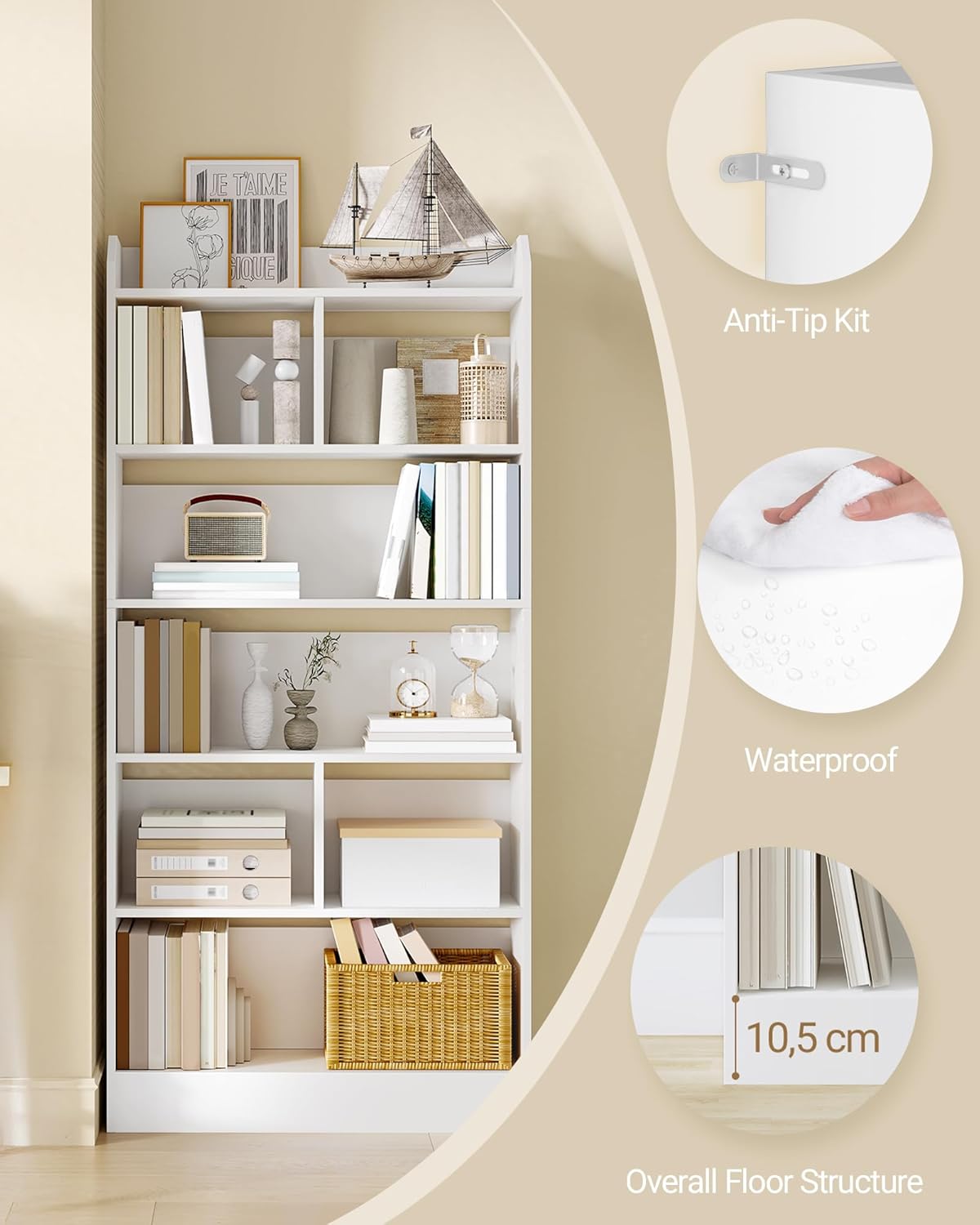 Librería Estantería Biblioteca 6 Compartimentos, Libreria Blanca para Exposición, para Oficina, Salón, 24 x 80 x 170 cm, Blanco - 7