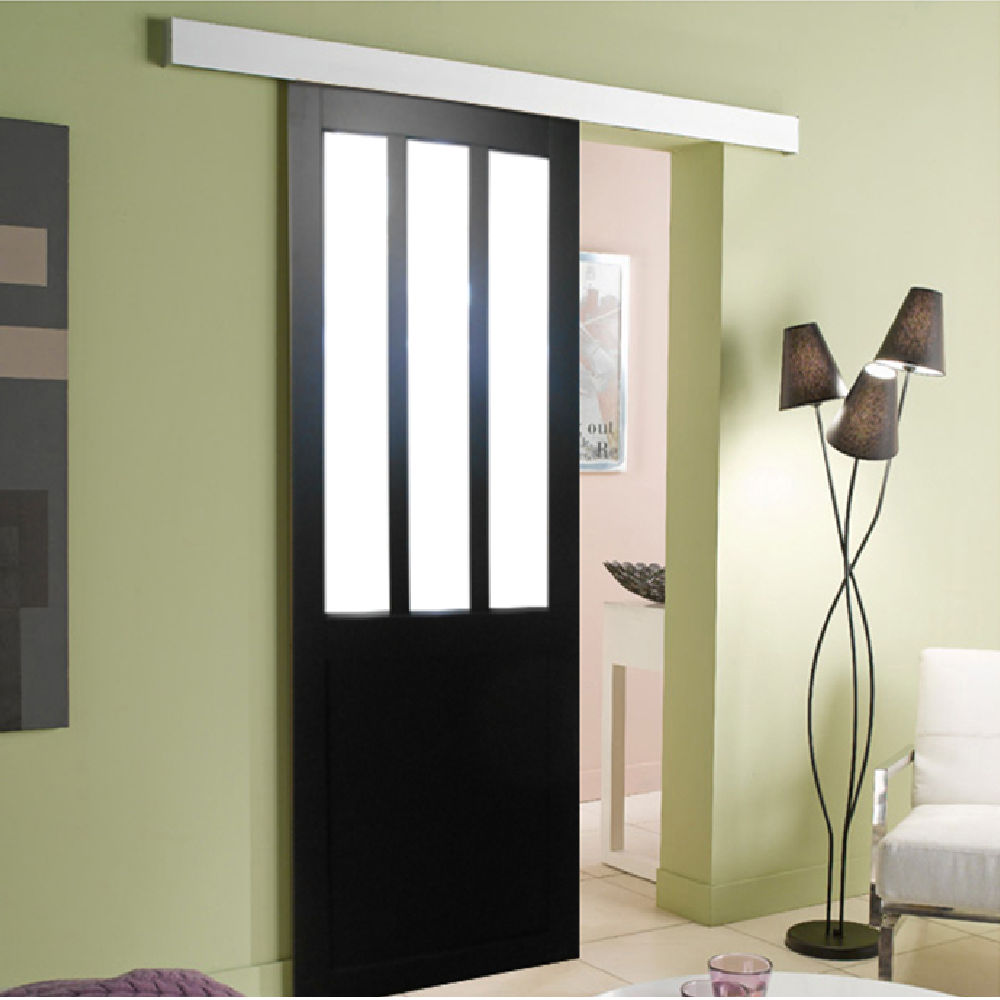 Porte Coulissante Atelier Noir Vitrée H204 X L73 Cm, Rail Alu Gd Menuiseries - 3
