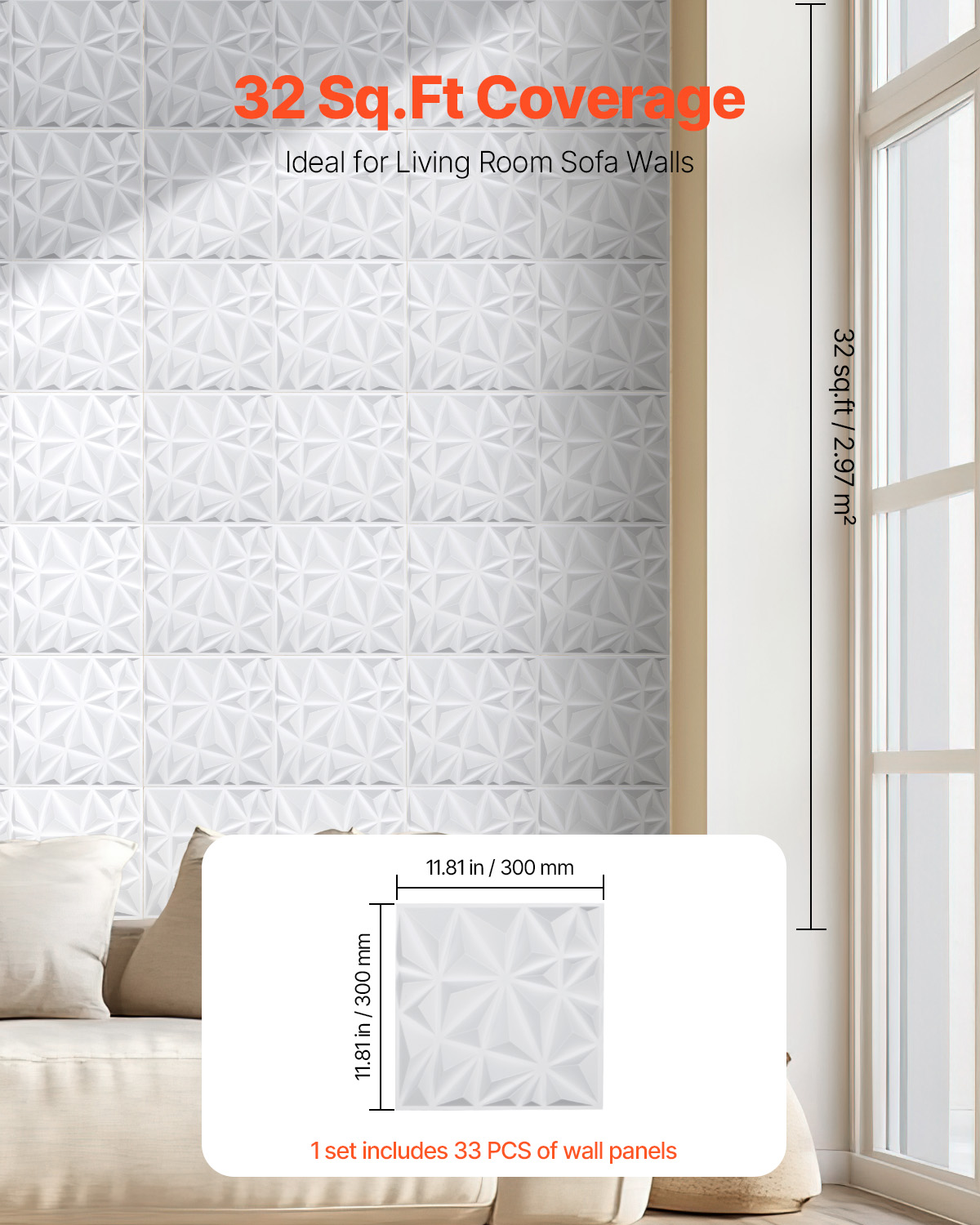 Panneaux muraux VEVOR 3D,33 carreaux diamant PVC 11,81 x 11,81 po,couverture 32 pi²,pour plafond,chambre,salon et salle de jeux,blanc mat - 5