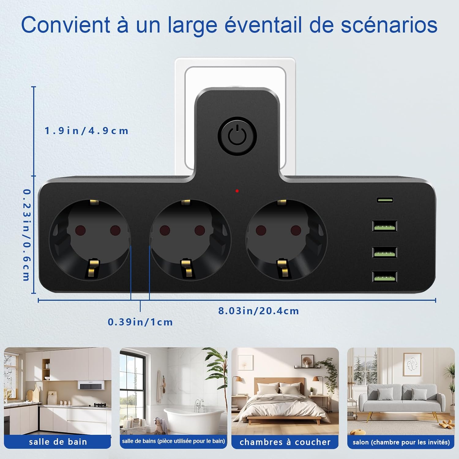 Multiprise murale, Multiprise avec interrupteur, 3 USB et 1 Type C, Multiprise 7 en 1, Multiprise USB, Multiprise noire, pour la maison et le bureau - 5