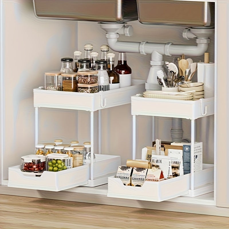 Lot de 2 organiseurs sous évier, organiseur à 2 niveaux sous évier de cuisine et salle de bain, organiseur sous armoire avec tiroir coulissant - 9