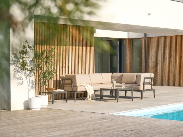 Beliani Conjunto esquinero de jardín 6 plazas RIMA III Izquierda modular Metal Beige