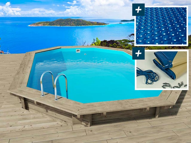 Piscine hors sol bois, Miami 120, 4.86 x 3.36 x 1.20 m + Bâche à bulles 180 µ + Bâche hiver 280 gr/m²