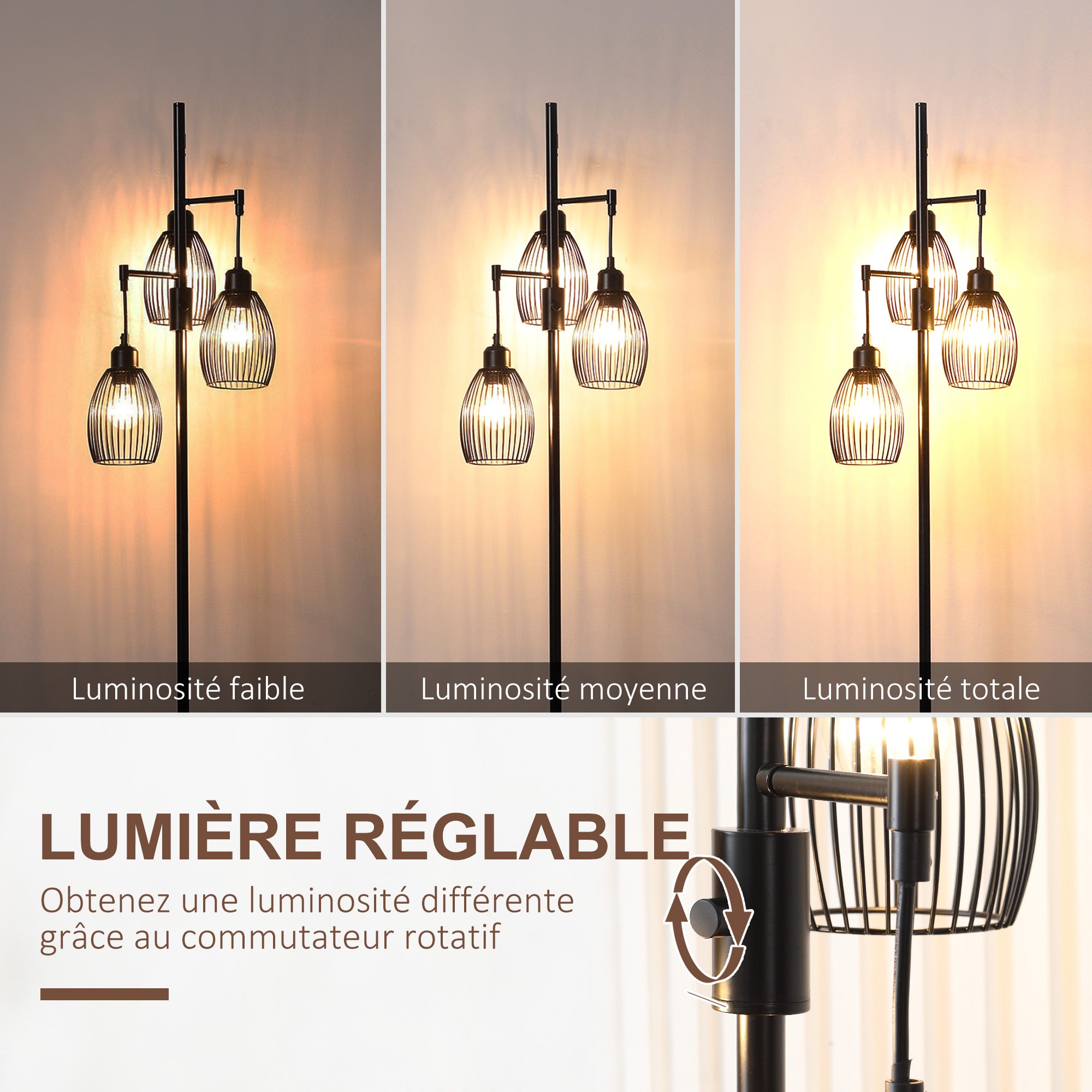 Lampadaire - HOMCOM - style industriel 40 W max 3 abat-jours métal filaire E27 - métal - noir - 4