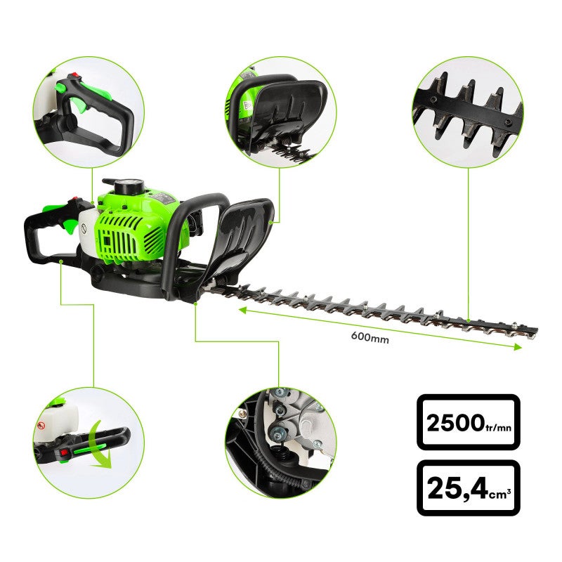 Taille-haie thermique - Moteur 2 temps 25,4 cm3 - Longueur de coupe 60cm - Réservoir 230ml - Anti-vibrations - Poignée rotative - 4