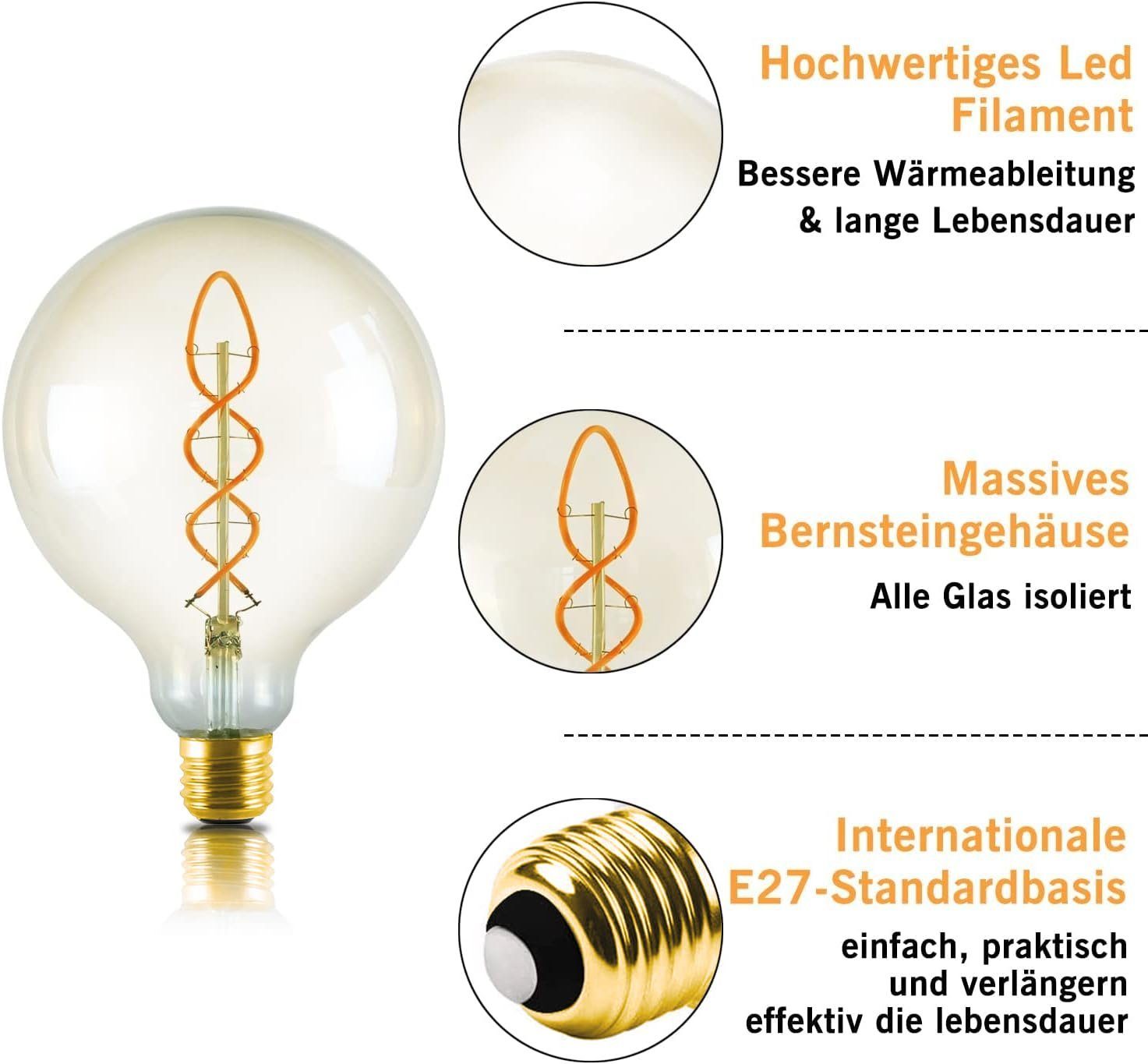 Eglo Lampadina Globe LED A Spirale, Attacco E27, Lampadina Decorativa Vintage Con Design Rétro, 7,3 Watt, Luce Bianca Calda, 806 Lumen, 2700 K, Lampadina Edison G80, Diametro 8 Cm - 4
