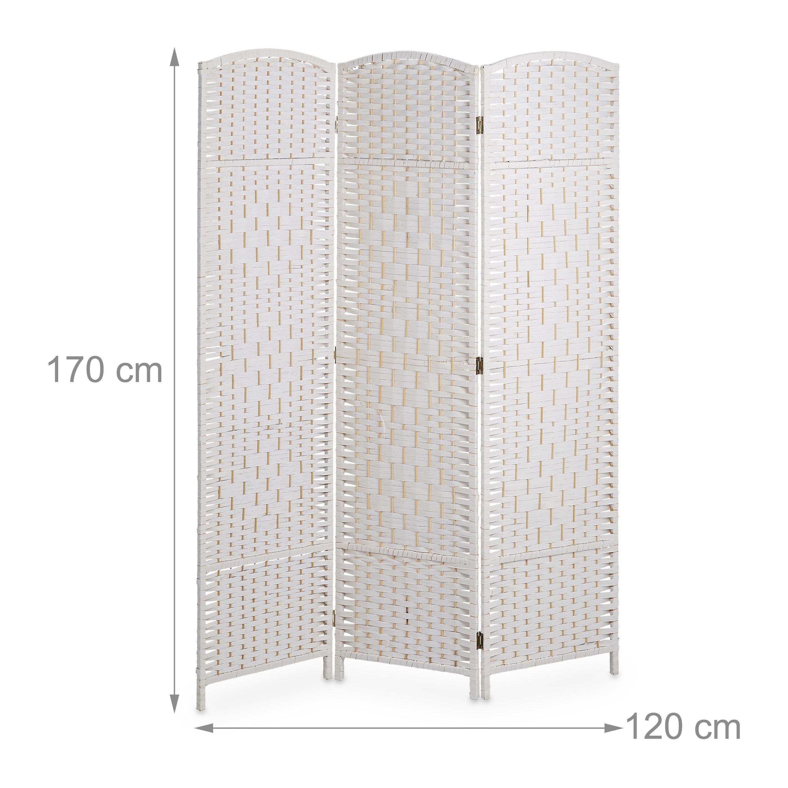 Paravent intérieur, 3 parties, HxL 170 x 120 cm, séparateur pliable, bois & corde papier, brise-vue, blanc, Relaxdays - 4