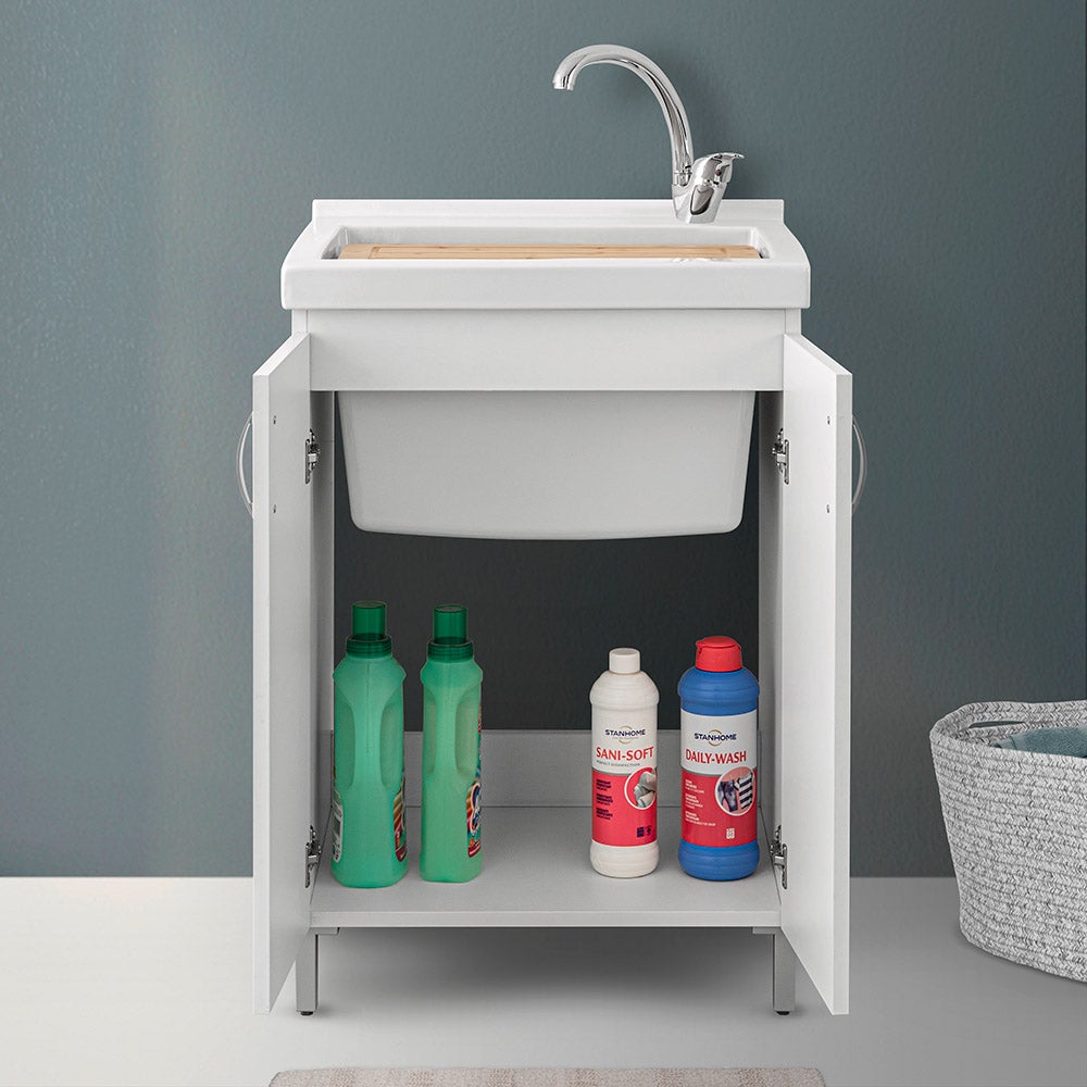 Mobile lavanderia 60x50 cm in ceramica bianco con kit scarico - 2