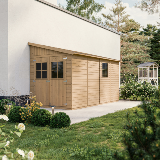 Cobertizo de madera para jardín CON PARED LATERAL- CON SUELO TRATADO – HH244x211x416 cm/8.2 m2 - TIMBELA M340A+M340G