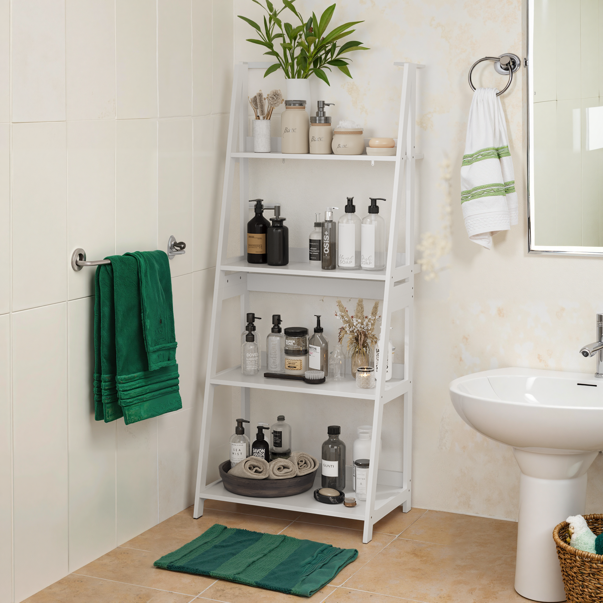 Étagère échelle 63x39x150 cm, présentoir, étagère à 4 niveaux, étagère de rangement, pour salle de bain/bureau/salon, blanc - 4