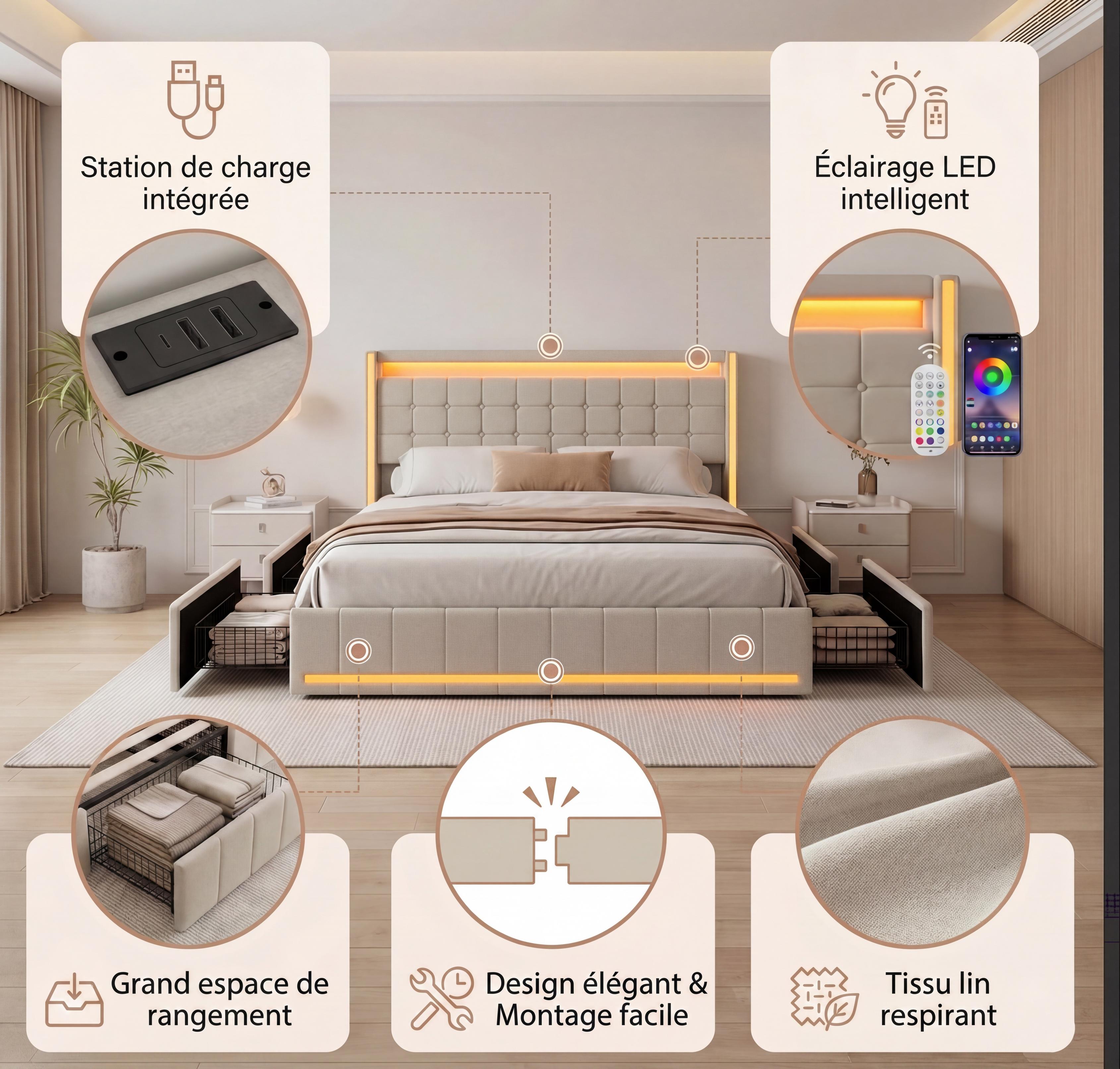 Lit 180x200 avec 4 tiroirs, sommier à lattes, lit double adulte capitonné, tête de lit LED, ports USB et Type-C, lit king size, tissu lin, Beige - 3