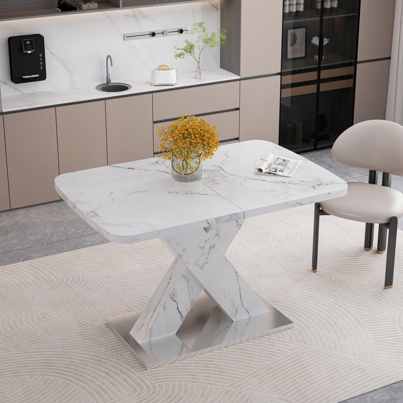Table a Manger Extensible rectangulaire 120-160cm,Table de Bar Extensible avec plateau en marbre blanc imprimé et pieds en X - 5