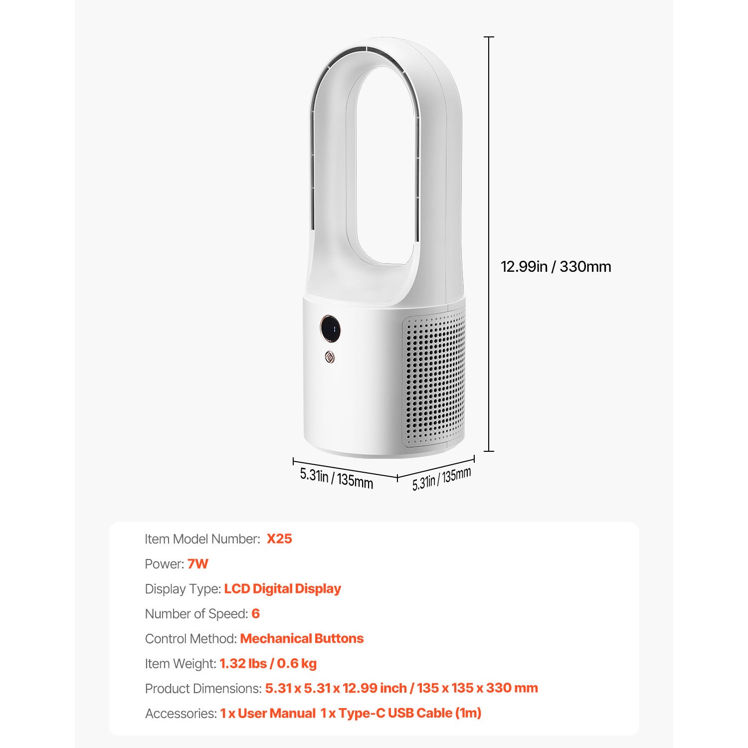 Ventilador de Mesa sem Pás SucceBuy USB Silencioso 7 W 6 Velocidades com Ecrã LCD Compacto Portátil para Quarto Casa Escritório 330 mm - 9