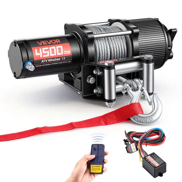 Treuil Électrique VEVOR 12 V CC 2041 kg Treuil pour Quad SSV Tout-terrain Remorquage, Câble en Acier 6 mm x 12 m, Télécommande sans Fil et Filaire